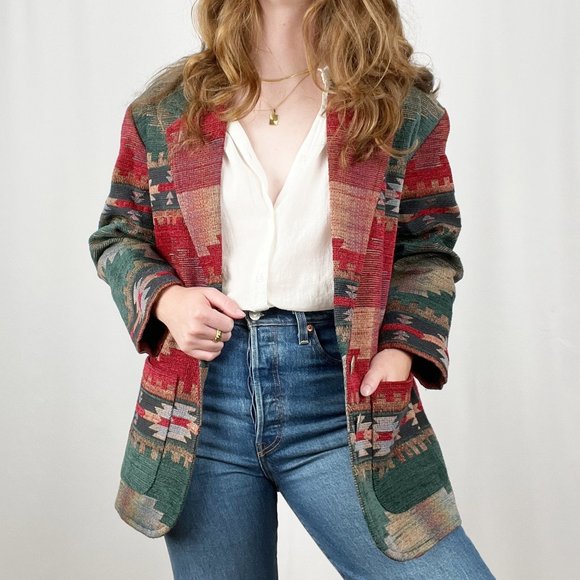 Stunning Vintage Oversized Western Bohemian Blazer Jacket Coat Boho Aztec Tribal - Picture 4 of 9